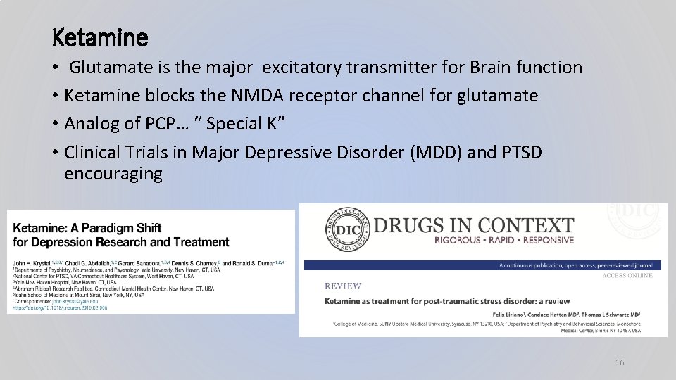 Ketamine • Glutamate is the major excitatory transmitter for Brain function • Ketamine blocks