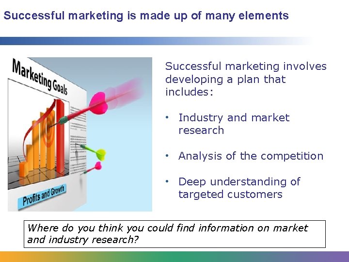 Successful marketing is made up of many elements Successful marketing involves developing a plan