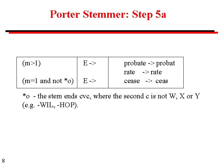 Porter Stemmer: Step 5 a (m>1) E -> (m=1 and not *o) E ->