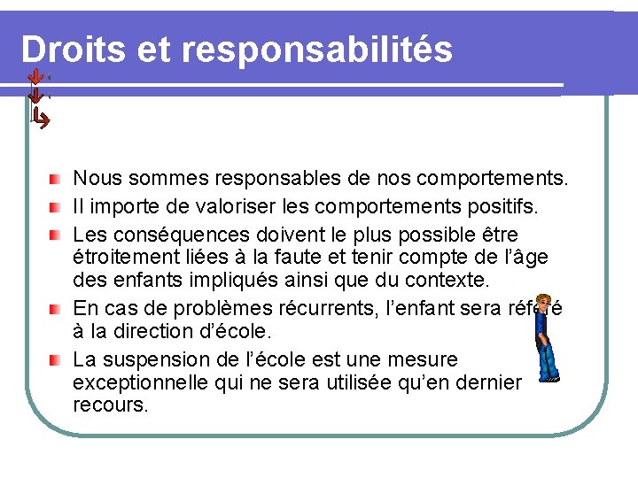 Droits et responsabilités Nous sommes responsables de nos comportements. Il importe de valoriser les