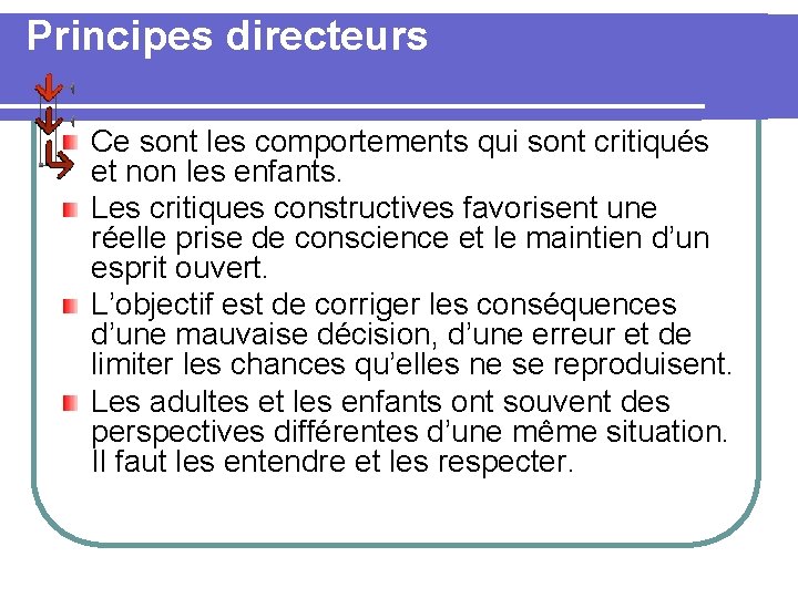 Principes directeurs Ce sont les comportements qui sont critiqués et non les enfants. Les