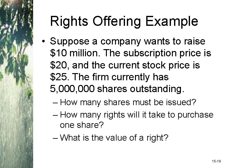 Rights Offering Example • Suppose a company wants to raise $10 million. The subscription