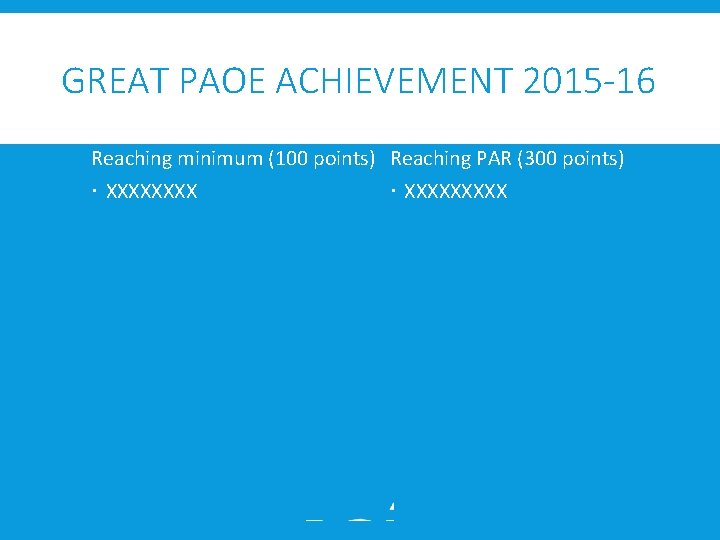 GREAT PAOE ACHIEVEMENT 2015 -16 Reaching minimum (100 points) Reaching PAR (300 points) XXXXXXXXX