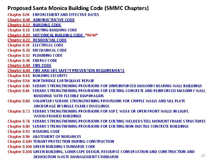 Proposed Santa Monica Building Code (SMMC Chapters) Chapter 8. 04 ENFORCEMENT AND EFFECTIVE DATES Proposed Santa Monica Building Code (SMMC Chapters) Chapter 8. 04 ENFORCEMENT AND EFFECTIVE DATES