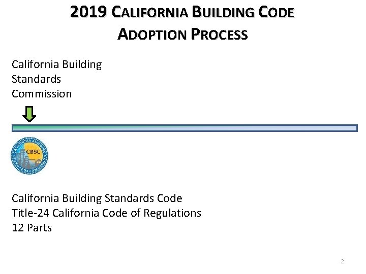 2019 CALIFORNIA BUILDING CODE ADOPTION PROCESS California Building Standards Commission California Building Standards Code