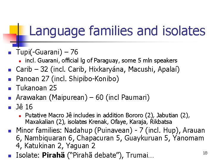 Language families and isolates n Tupi(-Guarani) – 76 n n n Carib – 32