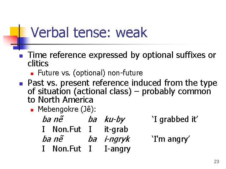 Verbal tense: weak n Time reference expressed by optional suffixes or clitics n n