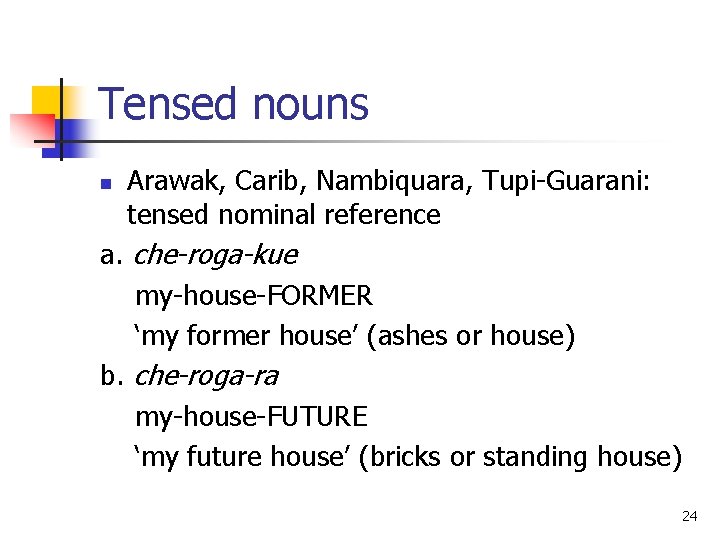 Tensed nouns n Arawak, Carib, Nambiquara, Tupi-Guarani: tensed nominal reference a. che-roga-kue my-house-FORMER ‘my