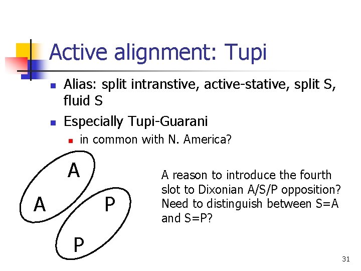 Active alignment: Tupi n n Alias: split intranstive, active-stative, split S, fluid S Especially