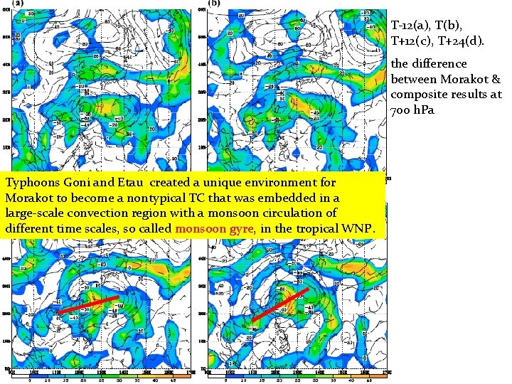 T‐ 12(a), T(b), T+12(c), T+24(d). the difference between Morakot & composite results at 700