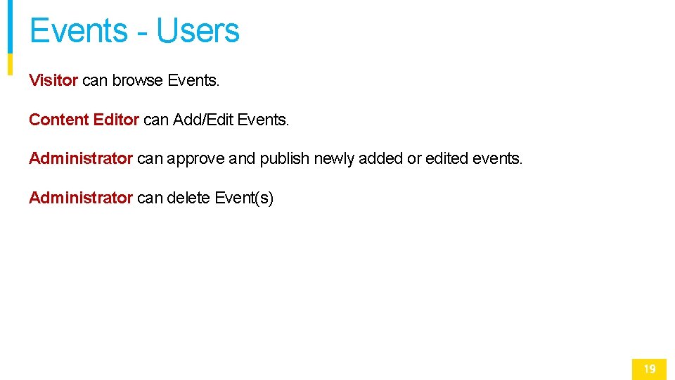 Events - Users Visitor can browse Events. Content Editor can Add/Edit Events. Administrator can