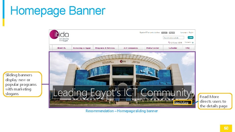 Homepage Banner Sliding banners display new or popular programs with marketing slogans Leading Egypt’s