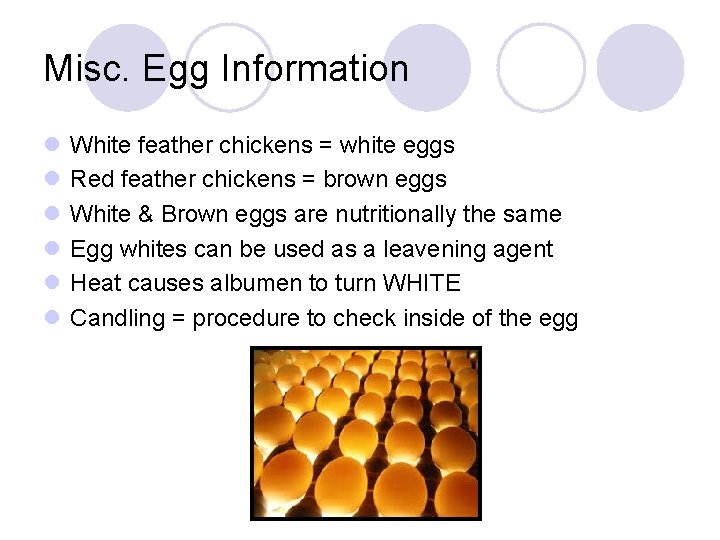 Misc. Egg Information l l l White feather chickens = white eggs Red feather