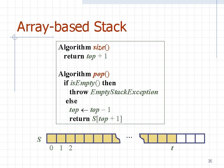 Array-based Stack Algorithm size() return top + 1 Algorithm pop() if is. Empty() then