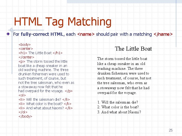 HTML Tag Matching For fully-correct HTML, each <name> should pair with a matching </name>