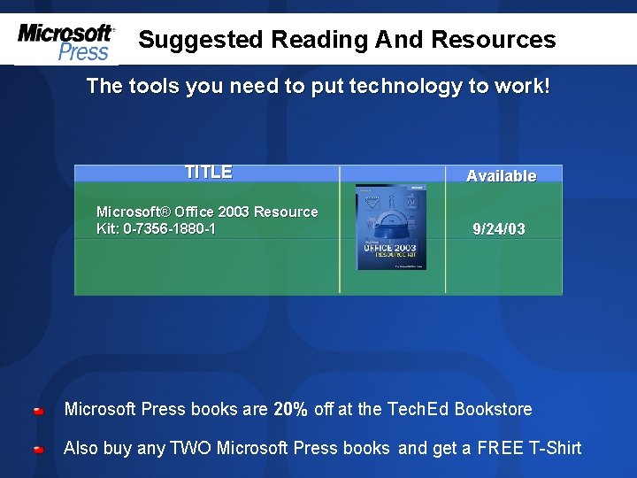 Suggested Reading And Resources The tools you need to put technology to work! TITLE