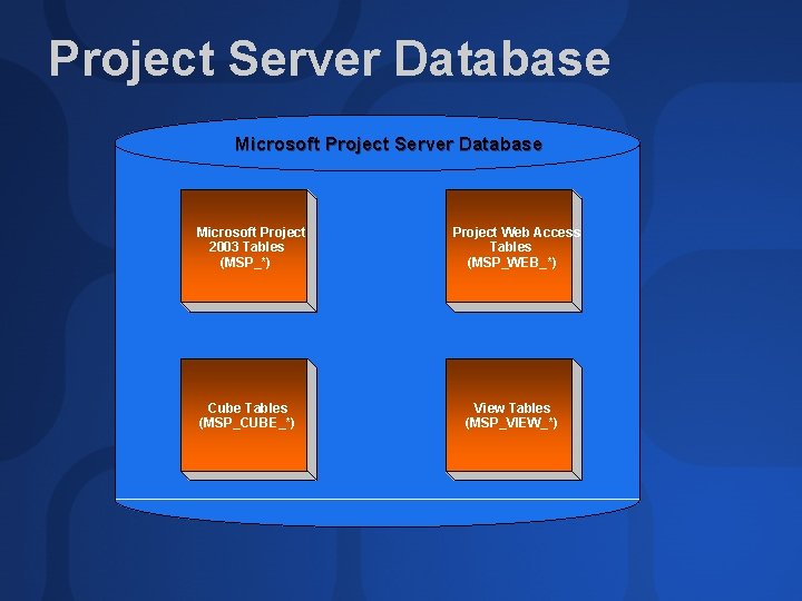 Project Server Database Microsoft Project 2003 Tables (MSP_*) Cube Tables (MSP_CUBE_*) Project Web Access