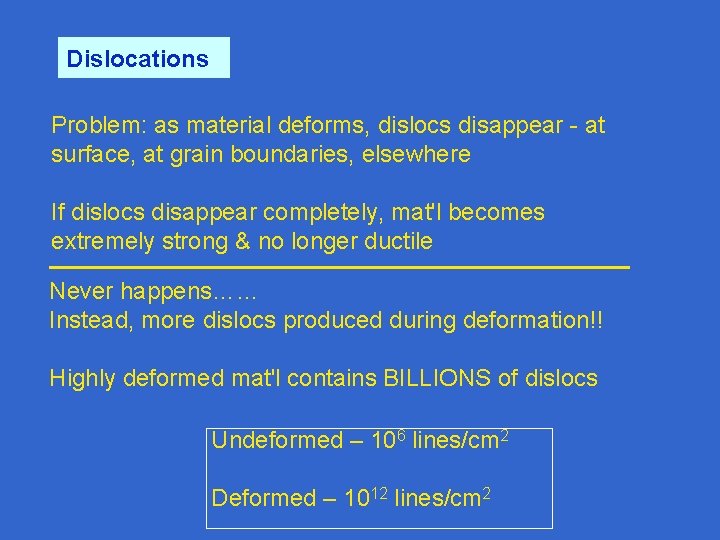 Dislocations Problem: as material deforms, dislocs disappear - at surface, at grain boundaries, elsewhere