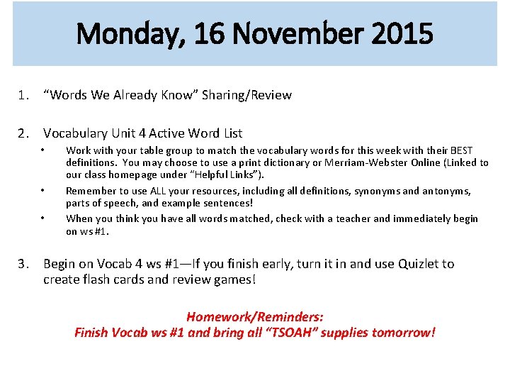 Monday 16 November 2015 Welcome Back Hello Again