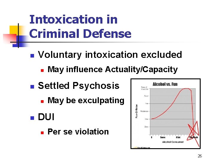 Intoxication in Criminal Defense n Voluntary intoxication excluded n n Settled Psychosis n n