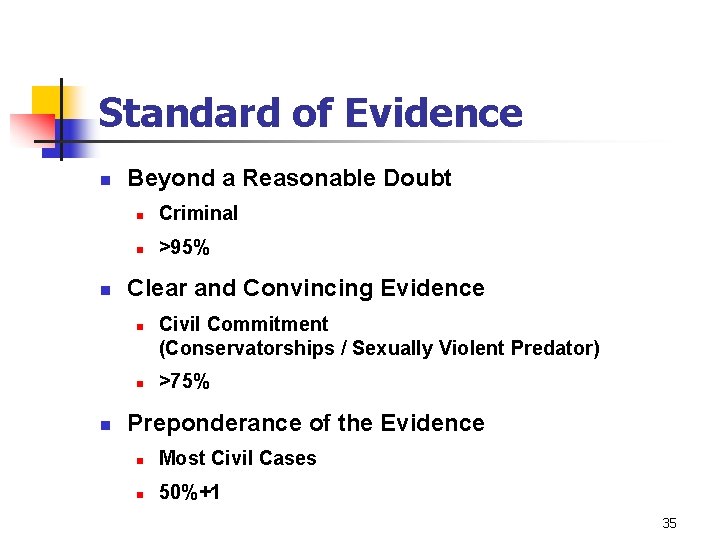 Standard of Evidence n n Beyond a Reasonable Doubt n Criminal n >95% Clear