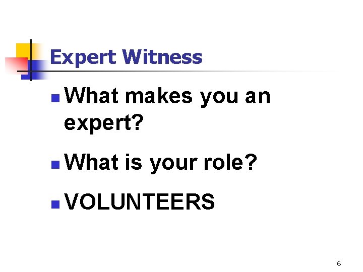 Expert Witness n What makes you an expert? n What is your role? n