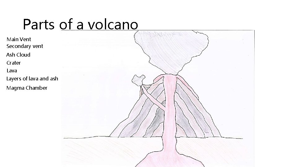 Parts of a volcano Main Vent Secondary vent Ash Cloud Crater Lava Layers of