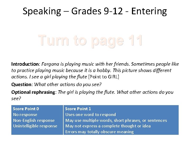 Speaking – Grades 9 -12 - Entering Turn to page 11 Introduction: Fargana is