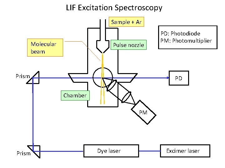 LIF Excitation Spectroscopy Sample + Ar Molecular beam Pulse nozzle Prism PD: Photodiode PM: