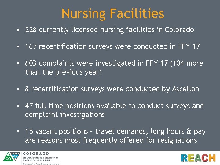 Nursing Facilities • 228 currently licensed nursing facilities in Colorado • 167 recertification surveys