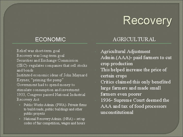 Recovery ECONOMIC Relief was short-term goal Recovery was long-term goal Securities and Exchange Commission Recovery ECONOMIC Relief was short-term goal Recovery was long-term goal Securities and Exchange Commission