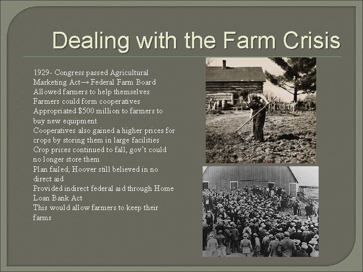 Dealing with the Farm Crisis 1929 - Congress passed Agricultural Marketing Act→ Federal Farm Dealing with the Farm Crisis 1929 - Congress passed Agricultural Marketing Act→ Federal Farm