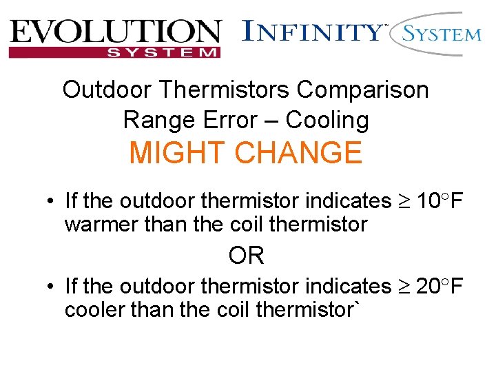 Outdoor Thermistors Comparison Range Error – Cooling MIGHT CHANGE • If the outdoor thermistor Outdoor Thermistors Comparison Range Error – Cooling MIGHT CHANGE • If the outdoor thermistor