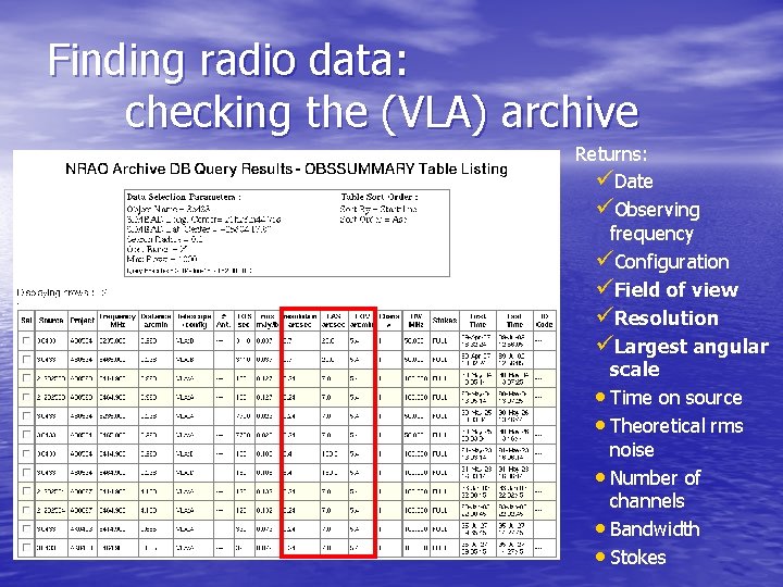 Finding radio data: checking the (VLA) archive Returns: üDate üObserving frequency üConfiguration üField of