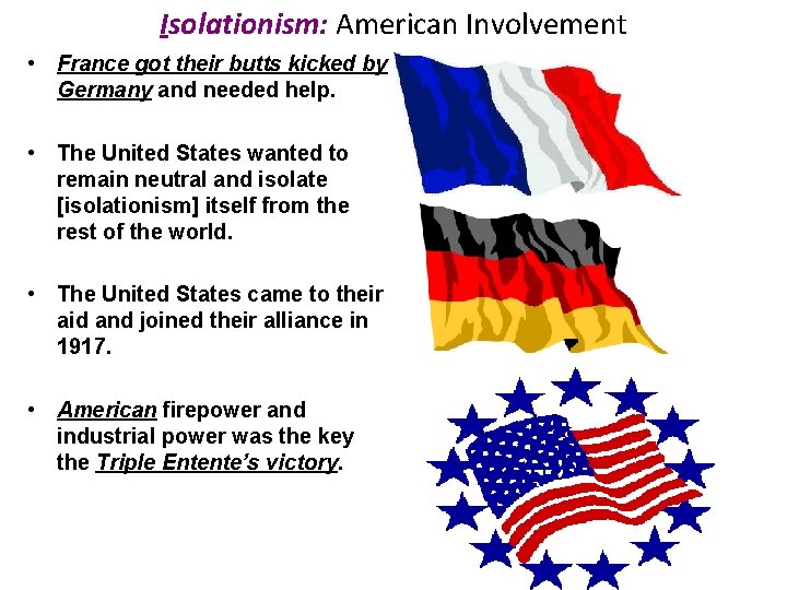 Isolationism: American Involvement • France got their butts kicked by Germany and needed help.