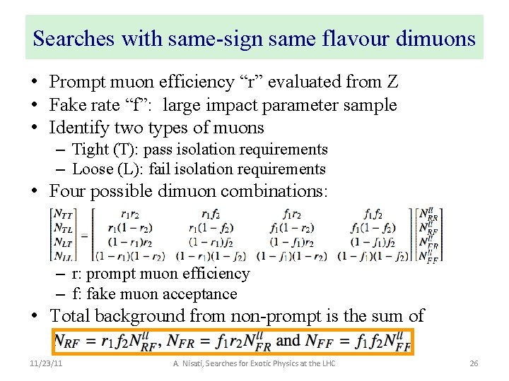 Searches with same-sign same flavour dimuons • Prompt muon efficiency “r” evaluated from Z