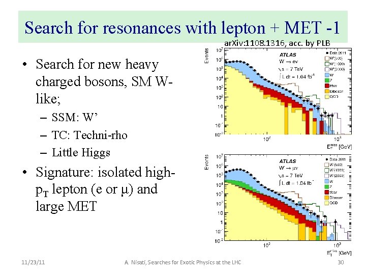 Search for resonances with lepton + MET -1 ar. Xiv: 1108. 1316, acc. by