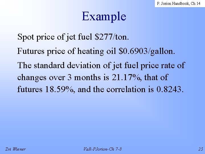 P. Jorion Handbook, Ch 14 Example Spot price of jet fuel $277/ton. Futures price