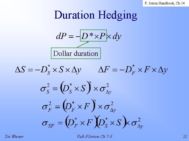 P. Jorion Handbook, Ch 14 Duration Hedging Dollar duration Zvi Wiener Va. R-PJorion-Ch 7