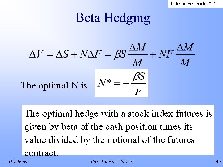 P. Jorion Handbook, Ch 14 Beta Hedging The optimal N is The optimal hedge