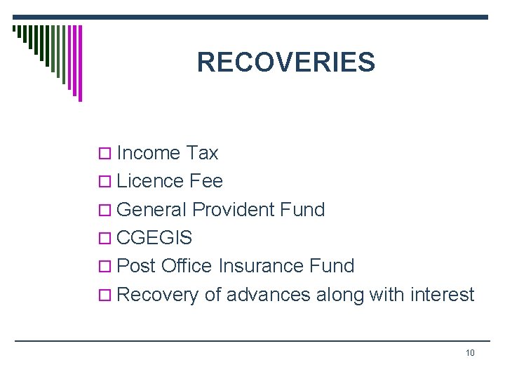 RECOVERIES o Income Tax o Licence Fee o General Provident Fund o CGEGIS o
