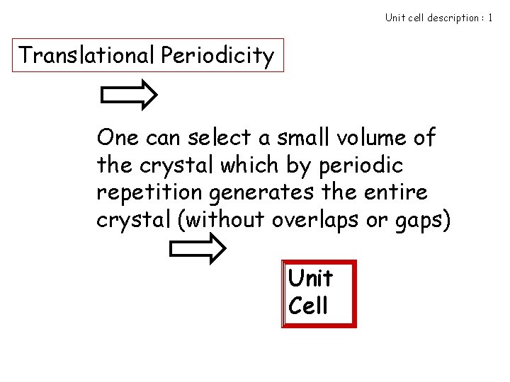 Unit cell description : 1 Translational Periodicity One can select a small volume of