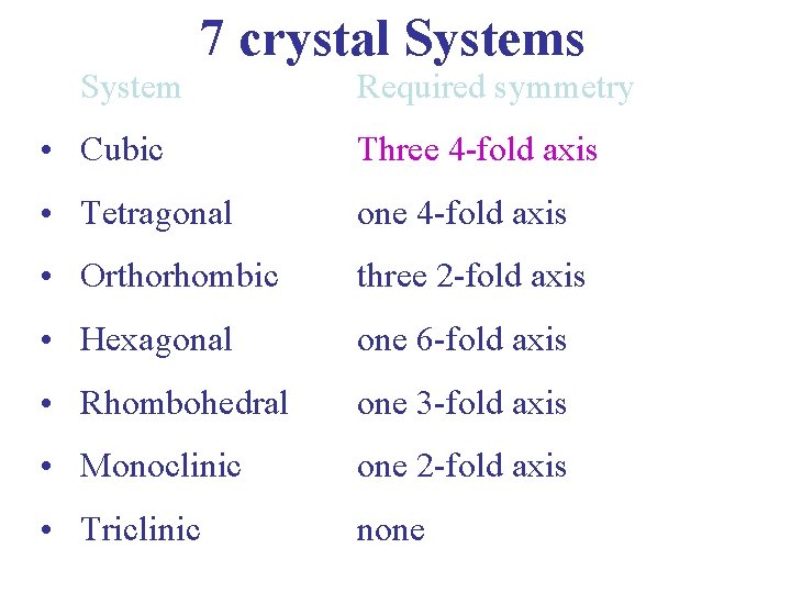 System 7 crystal Systems Required symmetry • Cubic Three 4 -fold axis • Tetragonal