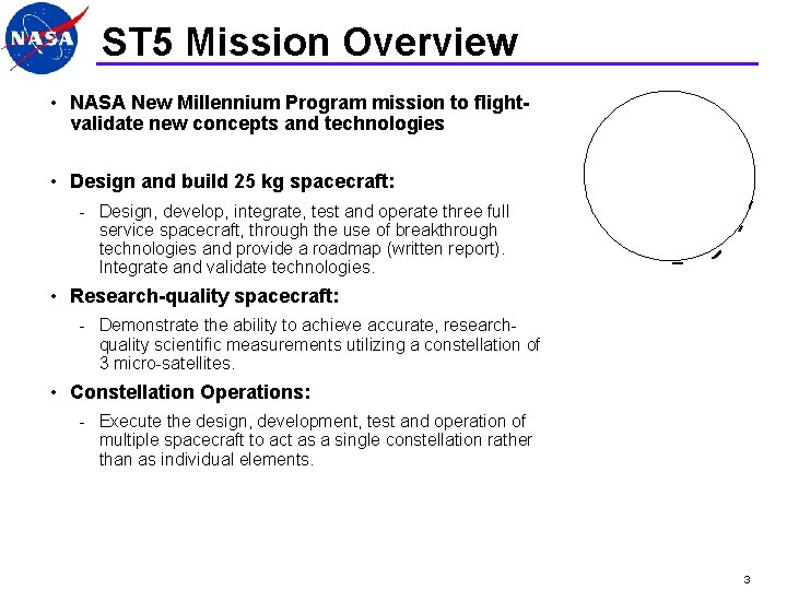 ST 5 Mission Overview • NASA New Millennium Program mission to flightvalidate new concepts