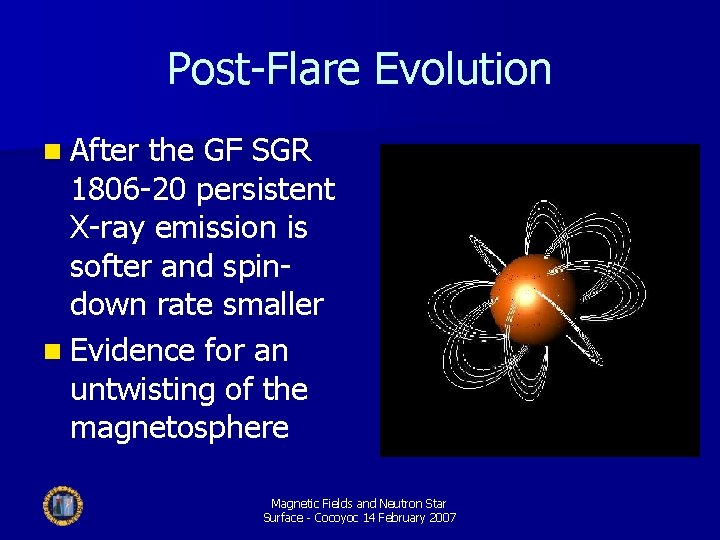 Post-Flare Evolution n After the GF SGR 1806 -20 persistent X-ray emission is softer