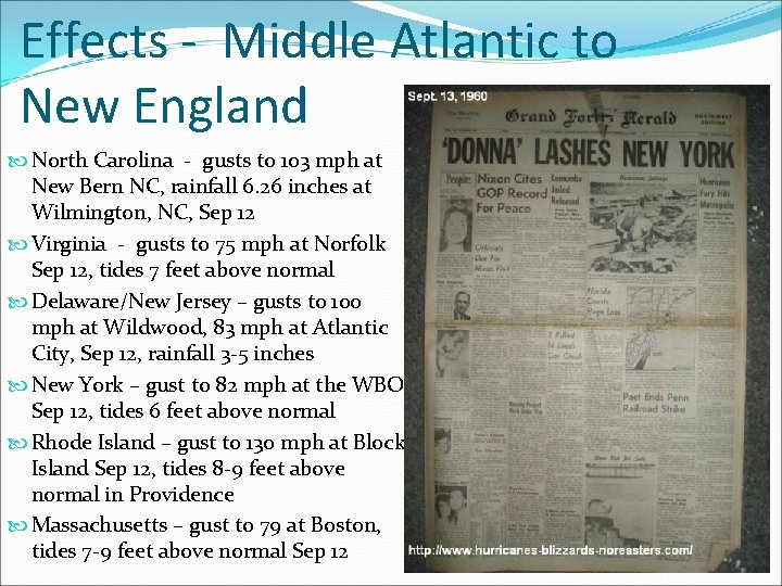 Effects - Middle Atlantic to New England North Carolina - gusts to 103 mph