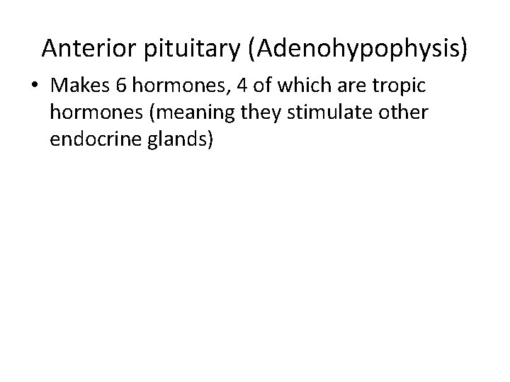 Anterior pituitary (Adenohypophysis) • Makes 6 hormones, 4 of which are tropic hormones (meaning