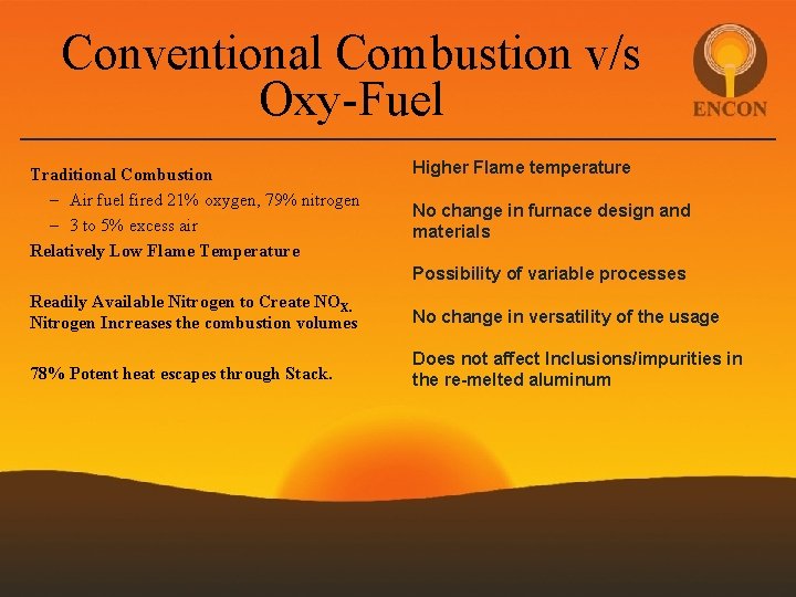 Conventional Combustion v/s Oxy-Fuel Traditional Combustion – Air fuel fired 21% oxygen, 79% nitrogen