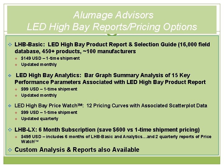 Alumage Advisors LED High Bay Reports/Pricing Options v LHB-Basic: LED High Bay Product Report