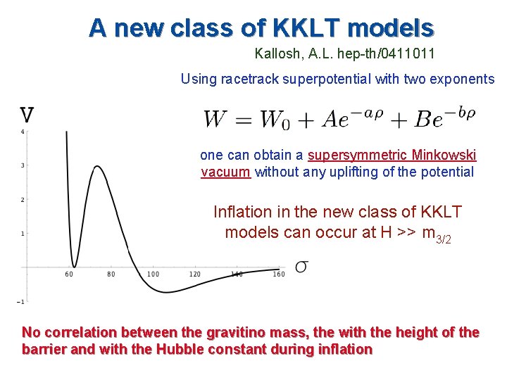 A new class of KKLT models Kallosh, A. L. hep-th/0411011 Using racetrack superpotential with